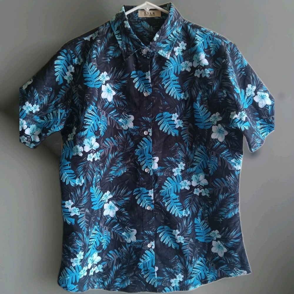 SSLR Shirt Mens Sz L‎ Black Blue Hawaiian Floral Button Up Short Sleeve Tropical